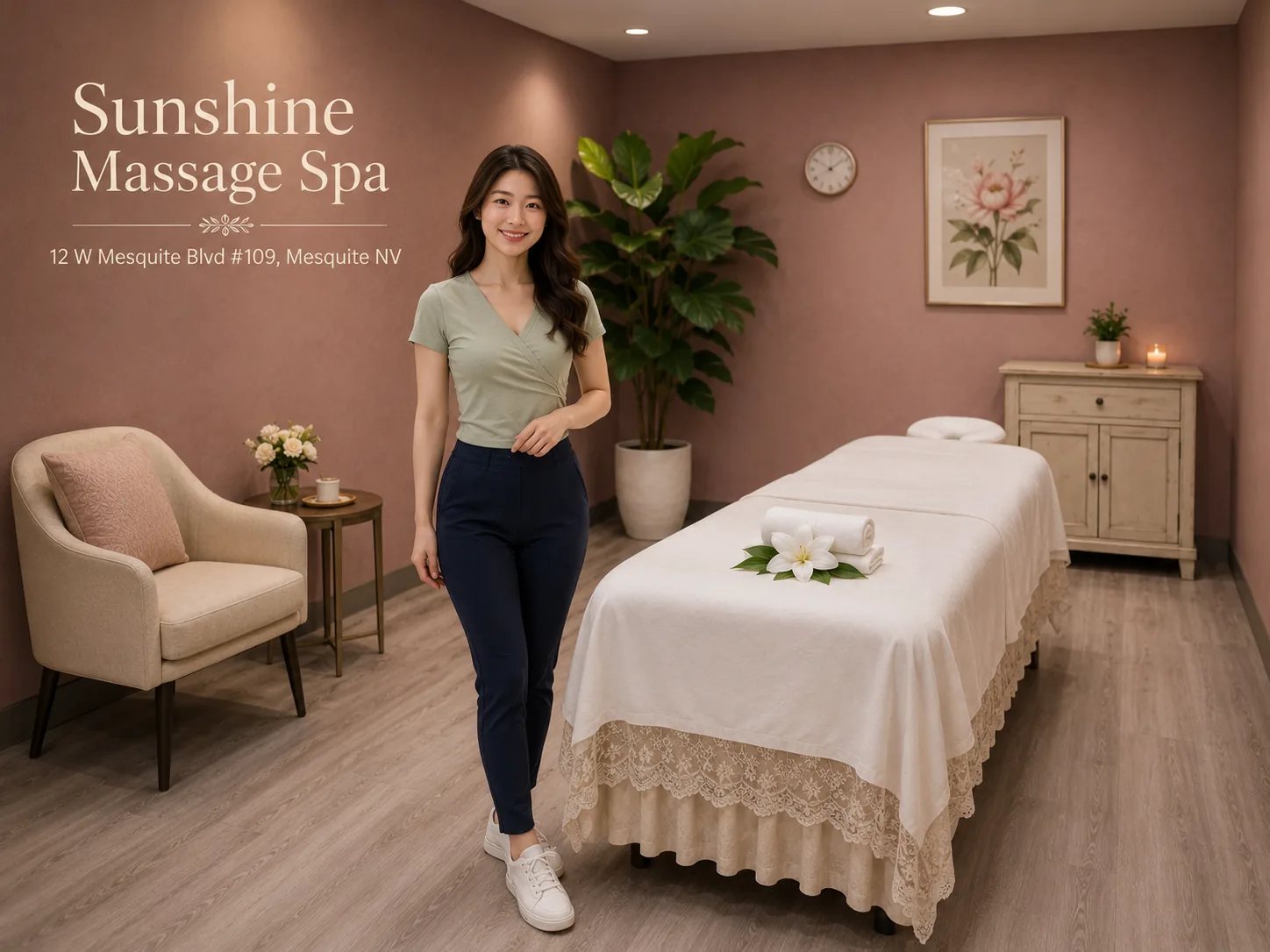 Warm, calm treatment room at Sunshine Massage Spa in Mesquite NV