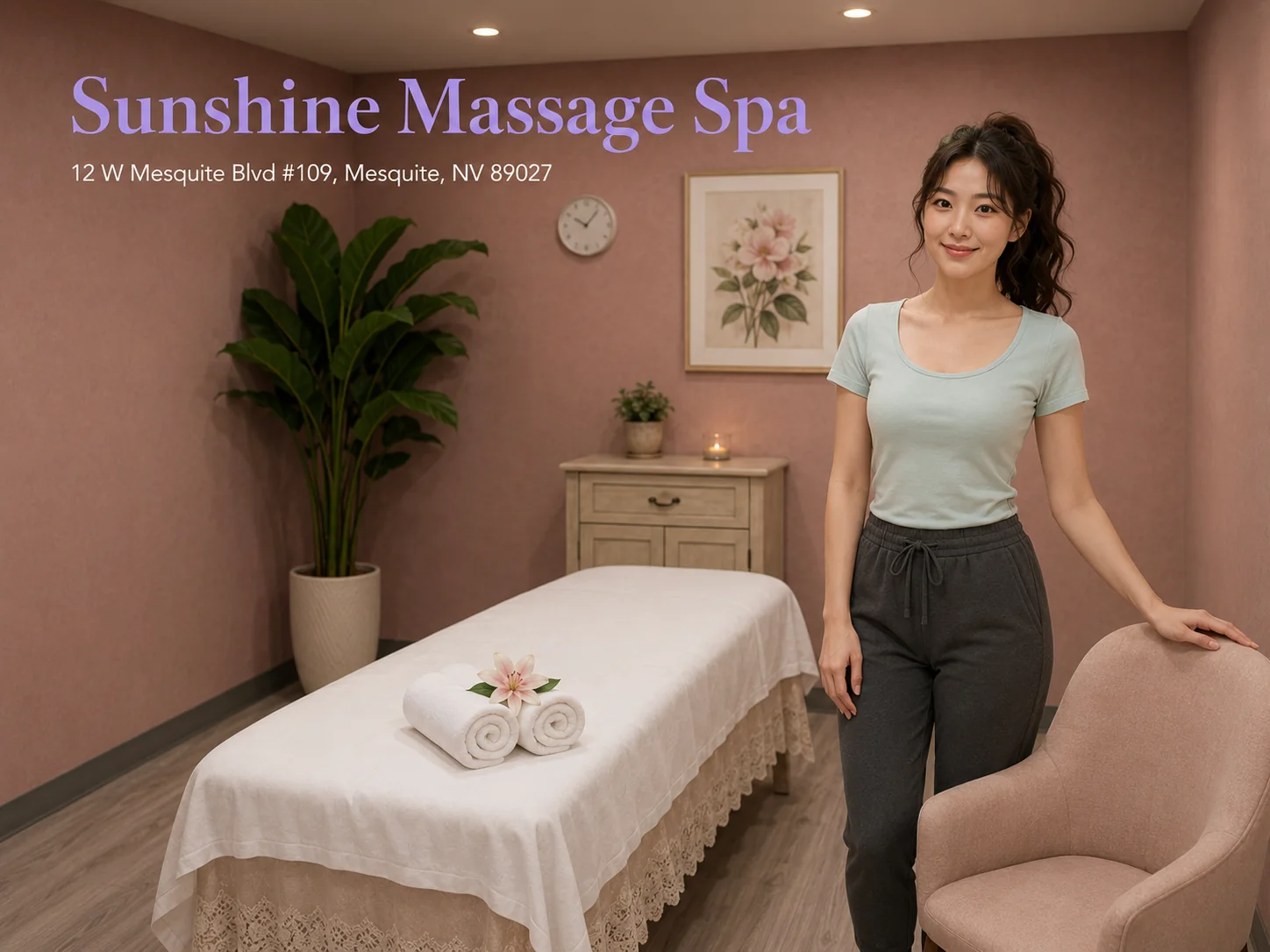 Friendly massage therapist in a calm, clean room at Sunshine Massage Spa in Mesquite NV
