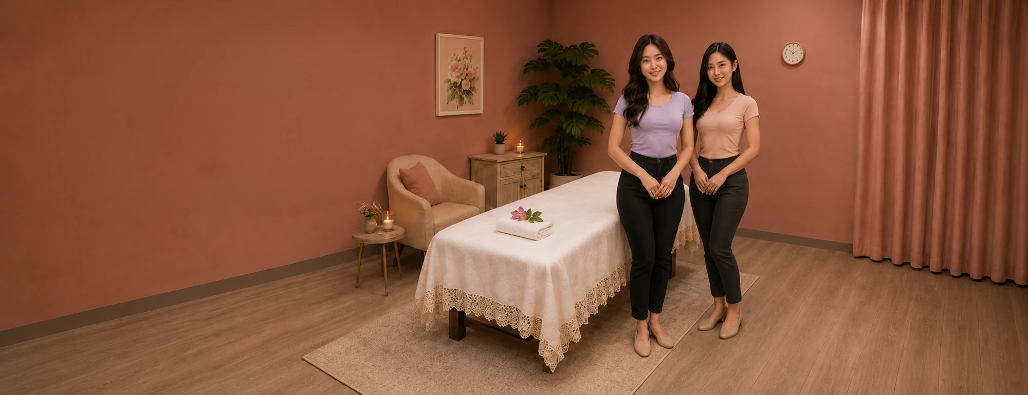 Two friendly massage therapists in a clean comfortable treatment room at Sunshine Massage Spa in Mesquite, NV