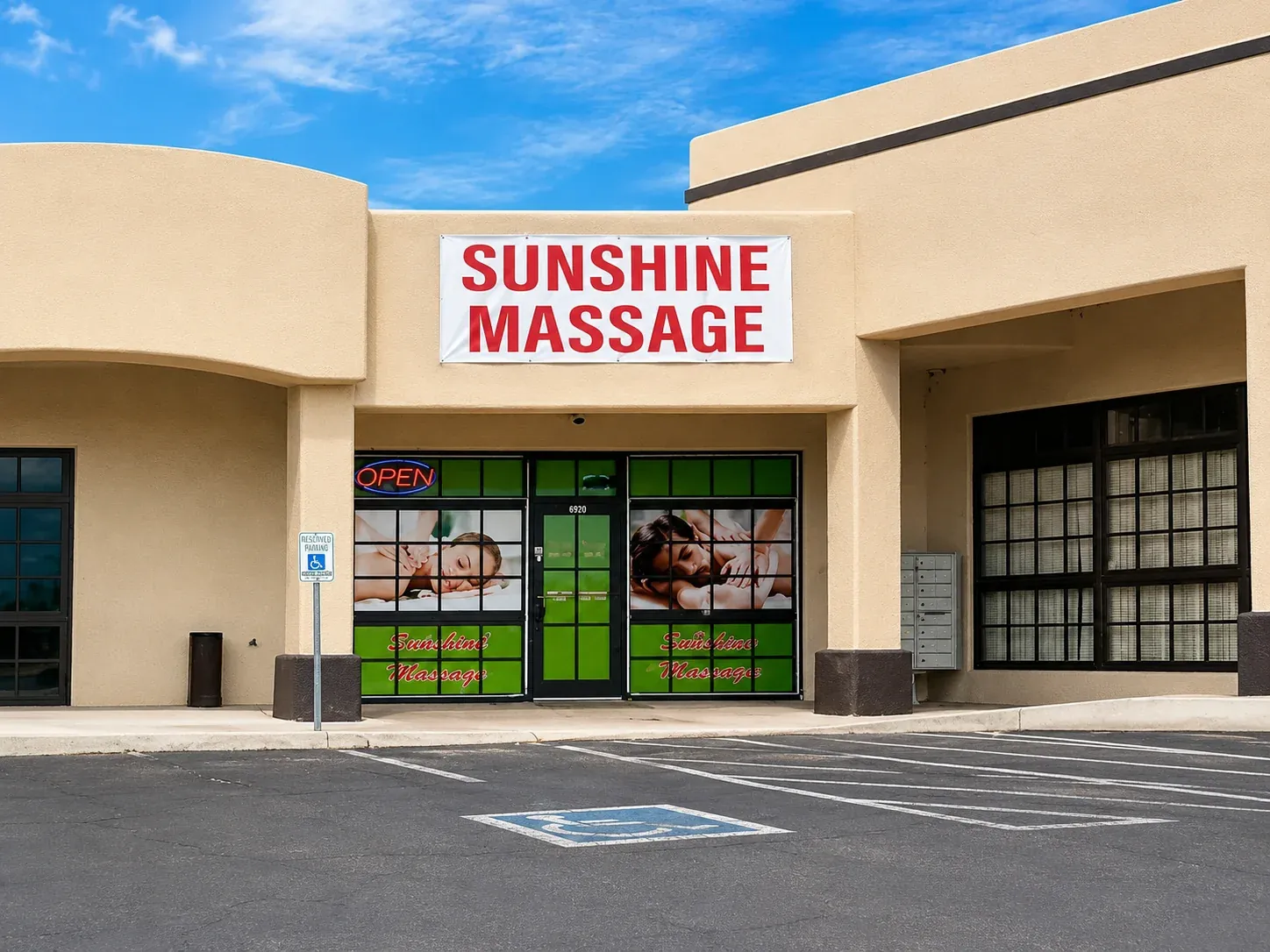 Storefront of Sunshine Massage Spa at 12 W Mesquite Blvd in Mesquite NV