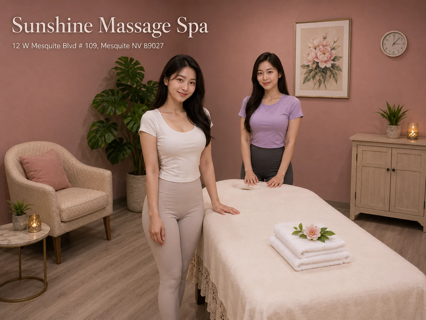 Massage therapists welcoming guests at Sunshine Massage Spa in Mesquite NV